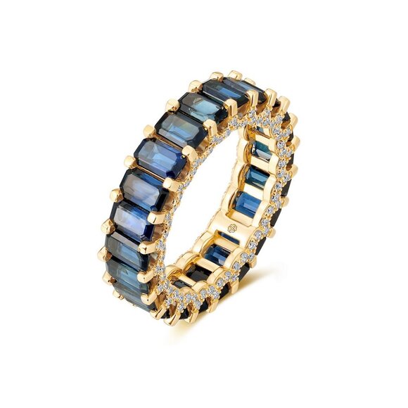 Emerald-Cut Royal Blue 14K (18k upon request) Yellow Gold Sapphire Eternity Ring - Picture 5 of 6